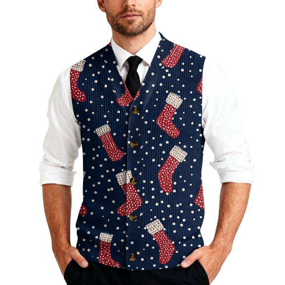 Resicozy Mens Christmas Sweater Vest Funny Xmas Printed Holiday Vests V-Neck Casual Cardigan Vest Navy 1 4XL