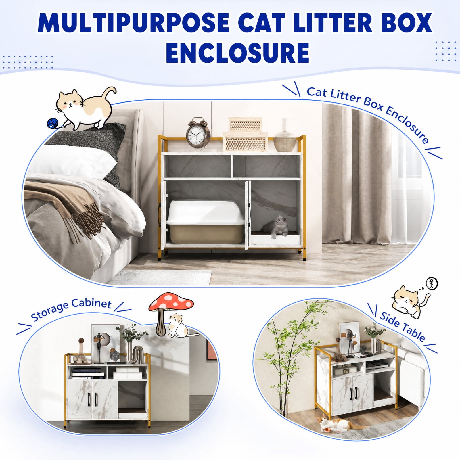 SUGIFT Hidden Cat Litter Box Furniture with Double Doors, Enclosed Cat Washroom Side Table Cabinet with Scratch Cardboard, White