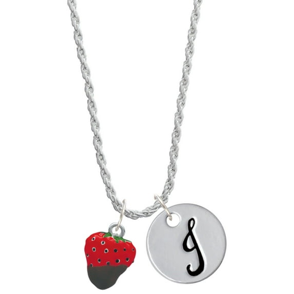 Delight Jewelry Silvertone 3-D Chocolate Dipped Strawberry Silvertone Script Initial Disc - J - Charm Necklace, 20"+3"