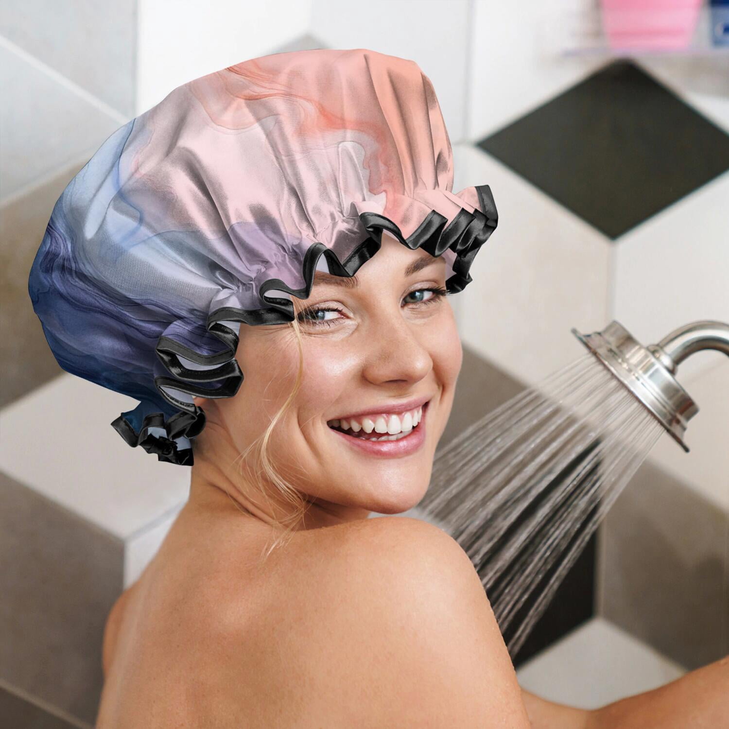 Shower Caps,Blue Red Purple Marble Pattern Waterproof Shower Cap for Women 4 Pieces,Double Reusable Hair Cover for Shower PEVA Elastic Stretch Hem