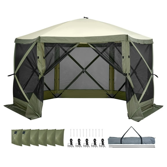 KFFKFF Pop-Up Canopy Tent, 6-Sided Screen Shelter with Detachable Wind Panels & Mesh Windows, 12x12FT Instant Screen House with Bug Netting, Army Green