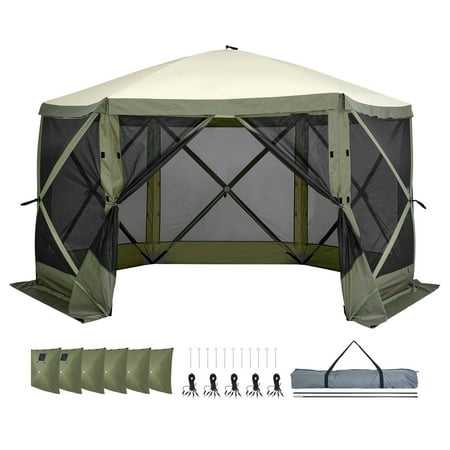 KFFKFF Pop-Up Canopy Tent, 6-Sided Screen Shelter with Detachable Wind Panels & Mesh Windows, 12x12FT Instant Screen House with Bug Netting, Green