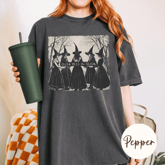 VibeNest Studio Unisex Girls Will Be Girls Vintage Witch Coven Halloween Garment-Dyed Graphic Tee