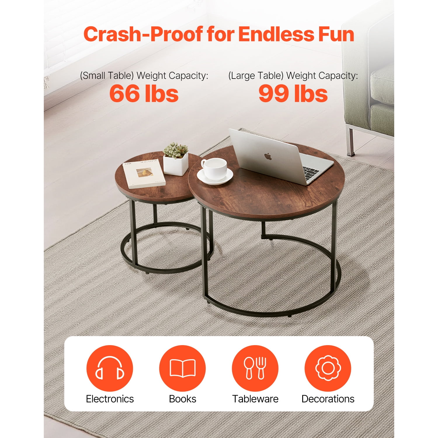 KFFKFF Nesting Coffee Table Set of 2, 23.6 in Round Tables, Ideal for Compact Spaces, End Side Tables or Night Stand with Metal Frame, Suitable for Living Room, Bedroom, Office
