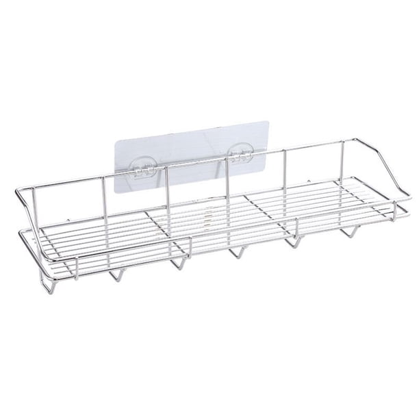Estante de almacenamiento de acero inoxidable sin perforaciones para cocina, estante de pared, organizador con 6 ganchos (estante de almacenamiento + adhesivo).