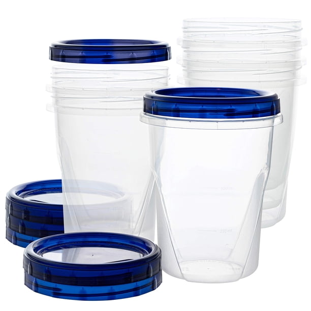 Contenedores de delicatessen PLASTICPRO de 950 ml, paquete de 72 con tapas giratorias azules
