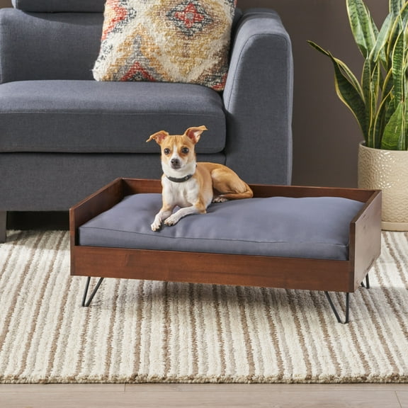 Mid-Century Modern Pet Bed with Acacia Wood & Hairpin Legs