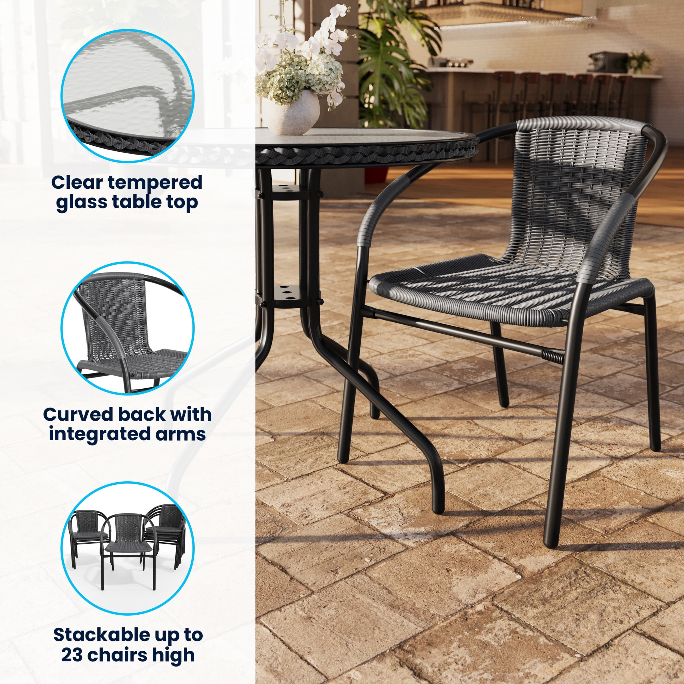 Flash Furniture 28'' Round Glass Metal Table with Gray Rattan Edging and 4 Gray Rattan Stack Chairs