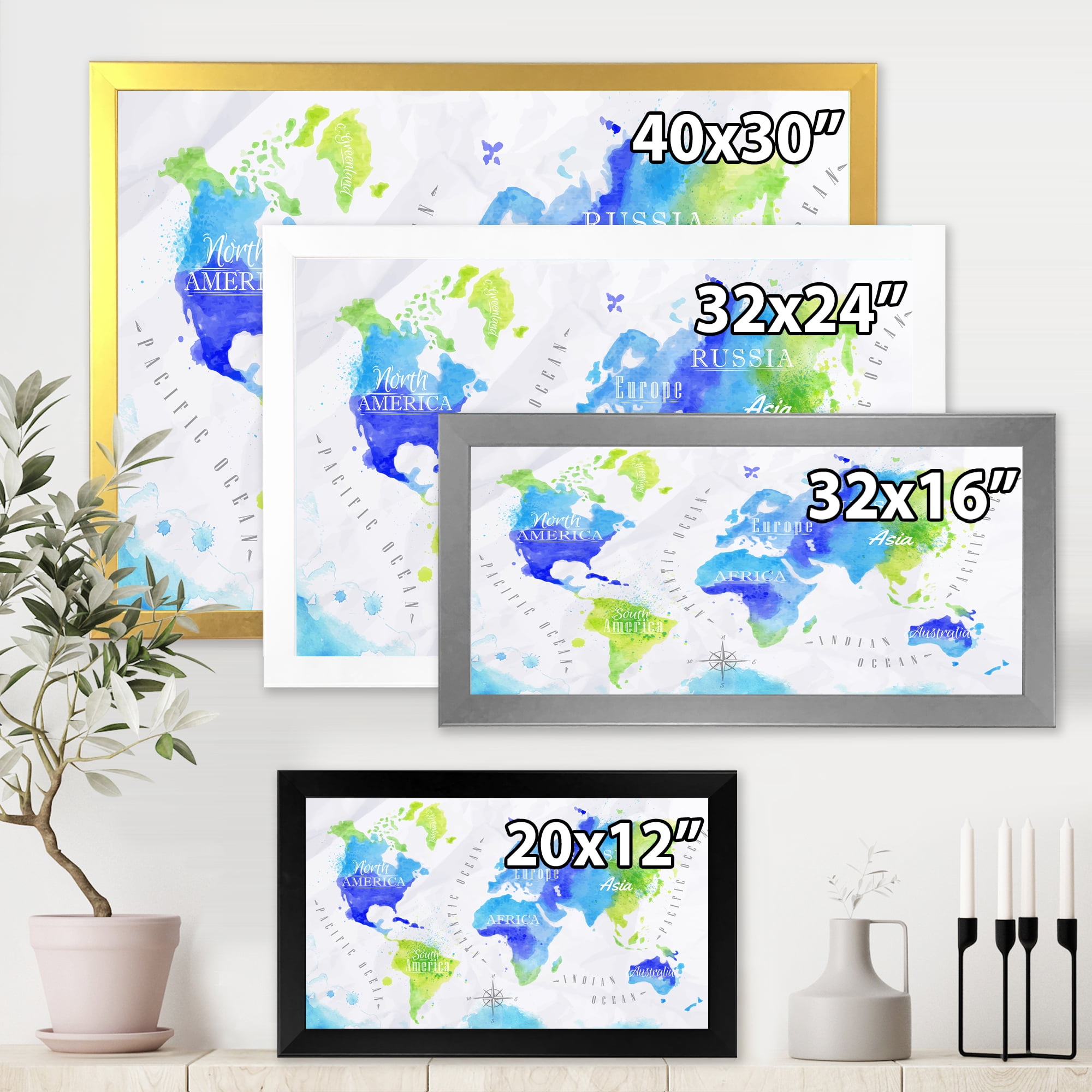 Designart 'World Map In Blue and Green' Modern Framed Art Print