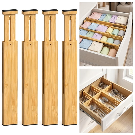 6 Pack Bamboo Drawer Dividers - Adjustable Spring Loaded 17 to 22 Inch Organizer for Kitchen, Dresser, Bathroom, and Closet
