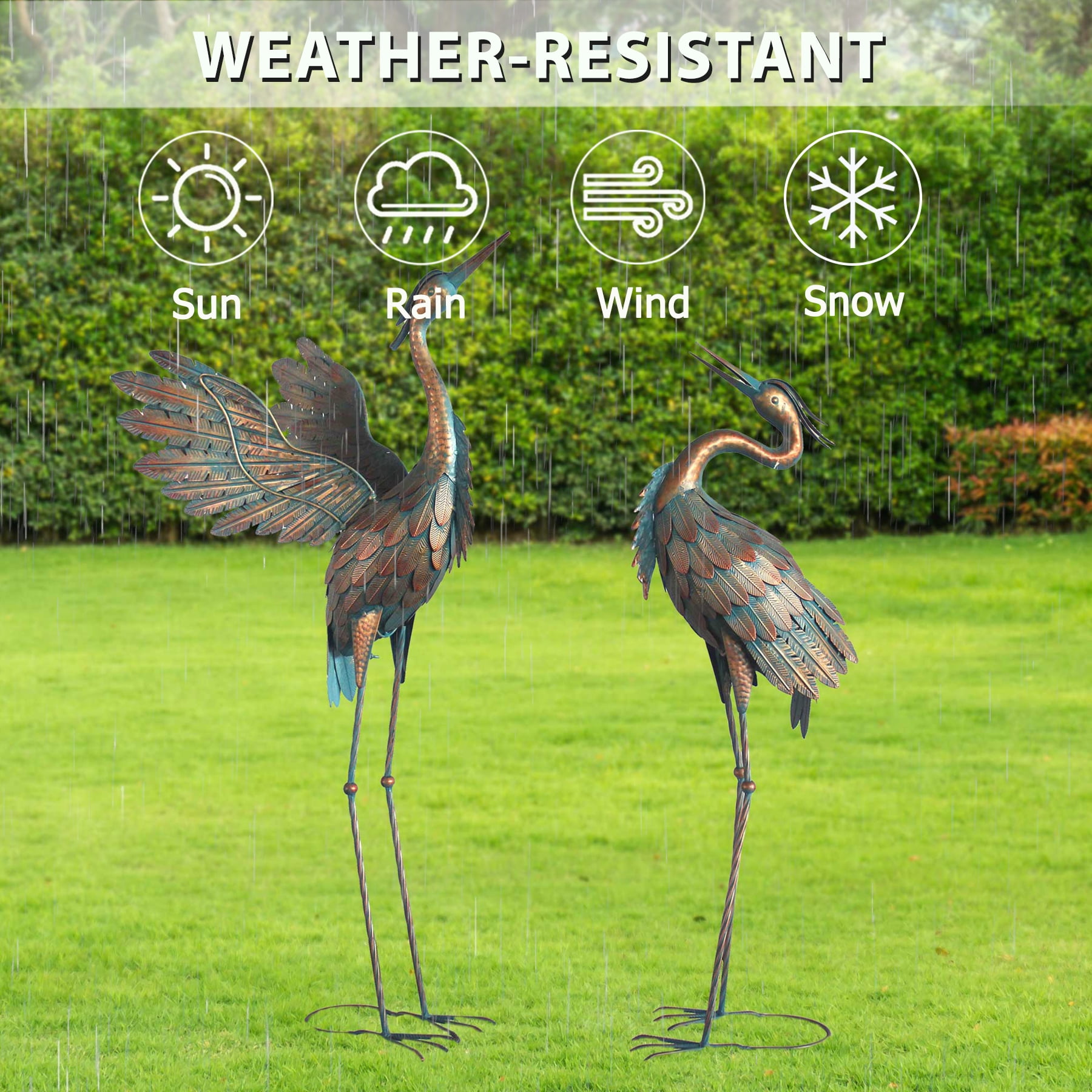 Crane Statues for Outdoor, Metal Heron Garden Statues Bird Yard Art, Standing Sculptures for Yard Lawn Pond Garden Decor, 38-42 inch Set of 2