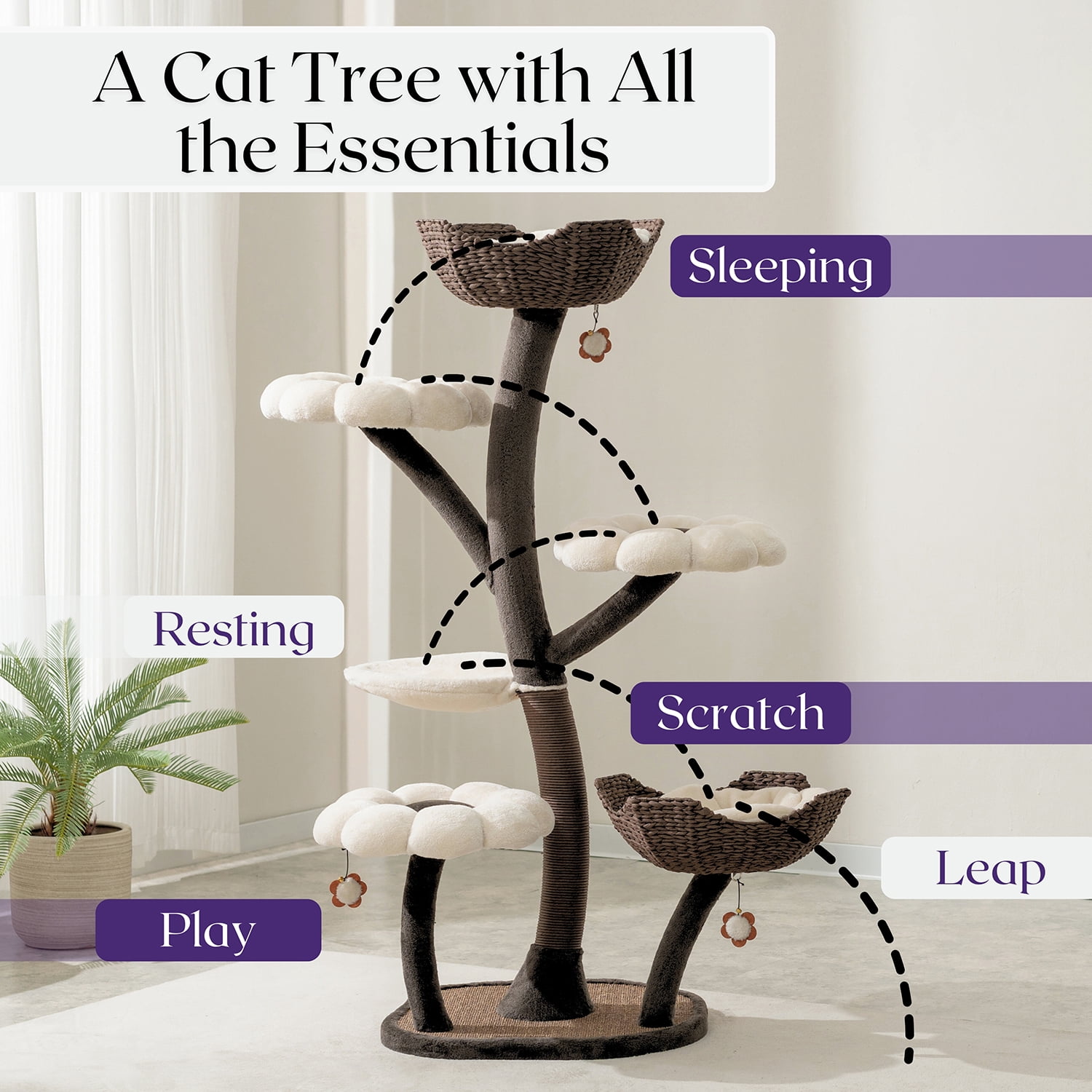 Catry Kitty Play Tower 6-Level Multi-Activity Cat Tree with Flower Perches and Handwoven Baskets