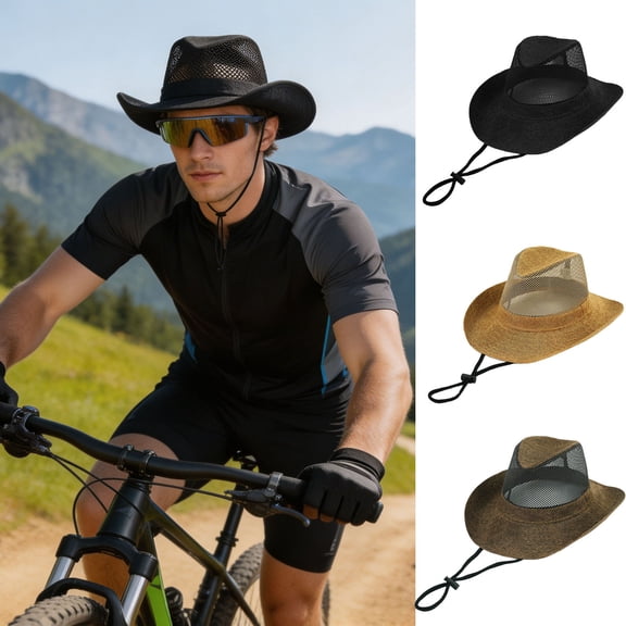 Dmlomu Mesh Cowboy Hat for Men, Breathable Mesh Wide Brim Sun Hat with Chin Strap, Summer Hat for Bike Riding Fishing Hiking Gardening Men Women