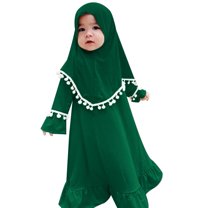 IDOPIP 2Pcs Muslim Abaya Dress for Baby Girls Arabic Dubai Modest Dress with Full Cover Hijab