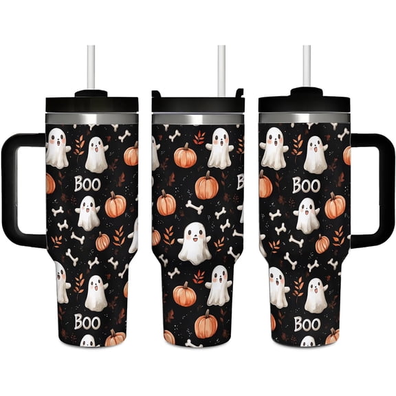 Halloween Ghost Fall Pumpkin 40 oz Double Vacuum Insulated Tumbler with Handle and Straw, Stainless Steel Travel Coffee Mug for Festival Party Birthday Gifts
