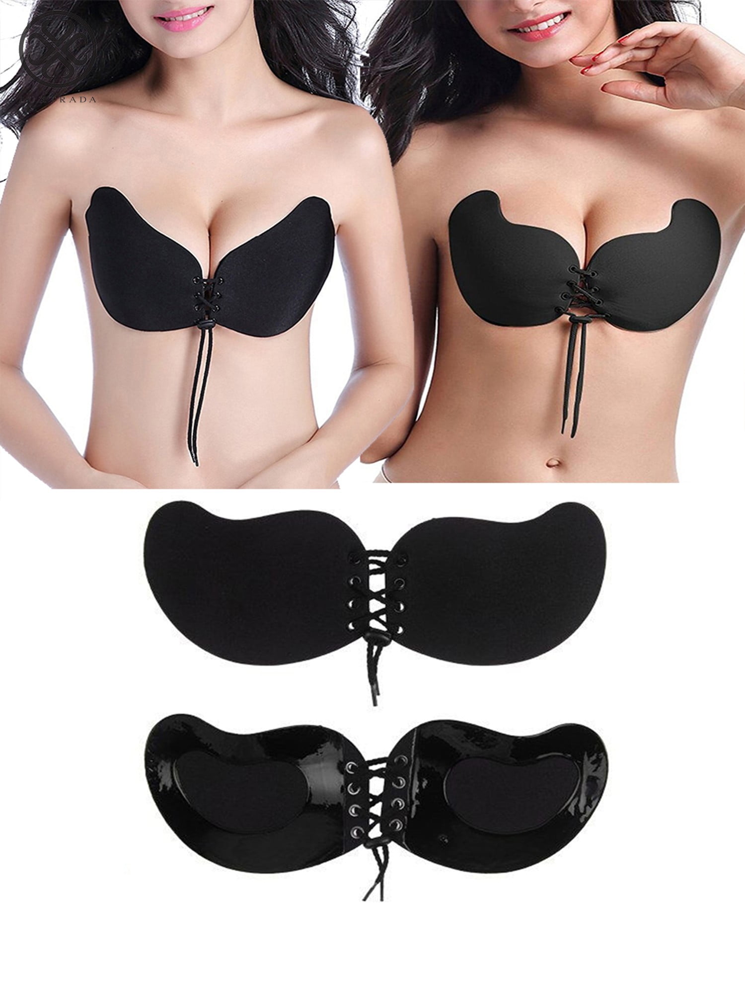 B, Black Ladies Reusable Invisible Strapless Self Adhesive Push-up Bra Stick On Gel Backless Silicone Bras for Women