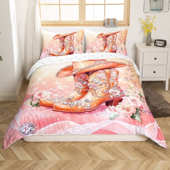 Cowgirl Boots Bedding Set,Dreamy Flowers Diamonds Decor Shoes Duvet Cover Teens Adults,Yellow Sunshine Pink Rose Western Style Comforter Cover with 2 Pillowcases(No Comforter)King Size