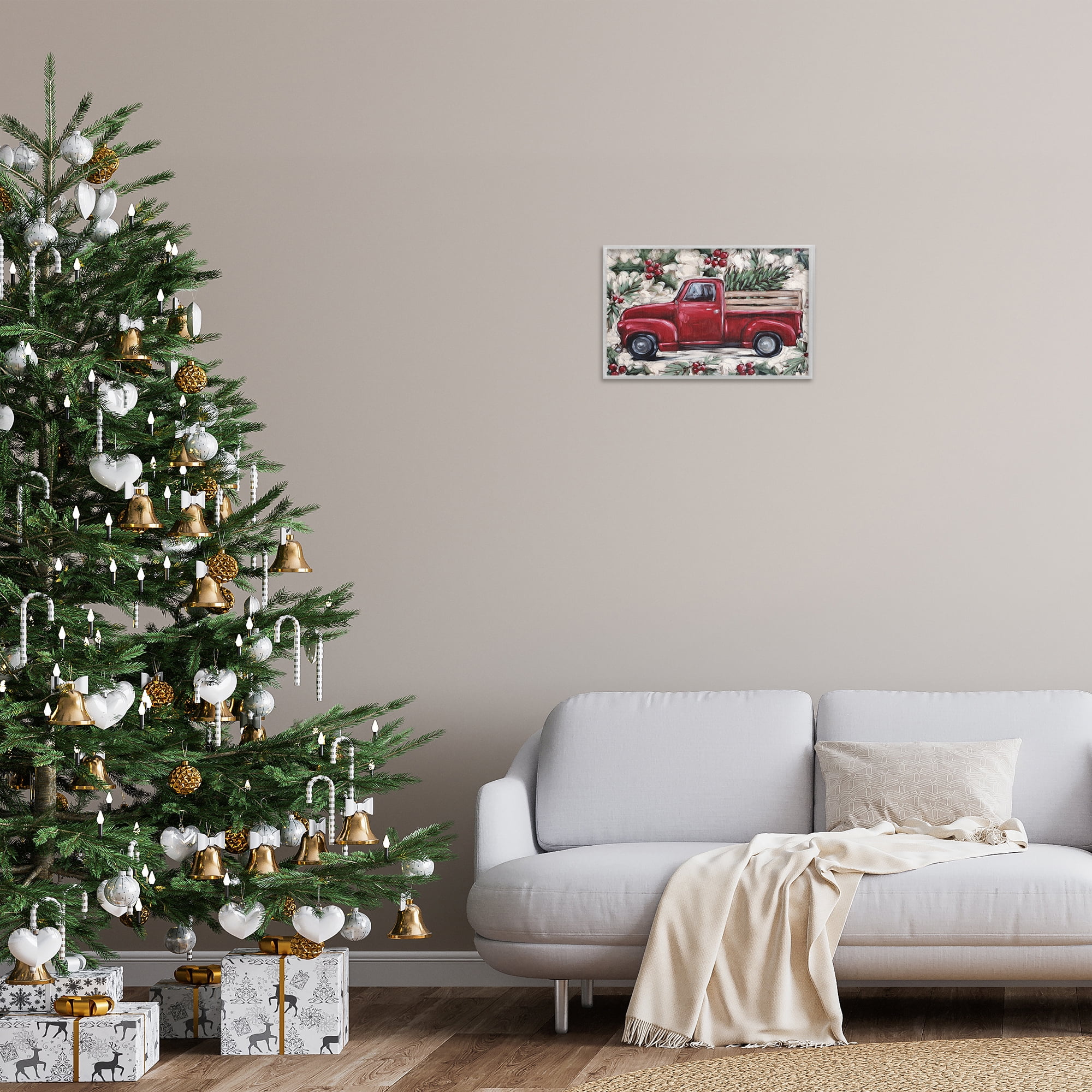 Stupell Industries Pickup & Festive Holly Holiday Painting Gray Framed Art Print Wall Art, 18 x 12
