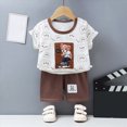 thumbnail image 2 of KPOPLK Toddler Kids Girl Boy Summer Outfits 2 Piece Cute Print Short Sleeve Crewneck T-Shirt Tee Casual Shorts Sets Clothes Size 3-4 Years,Coffee, 2 of 6