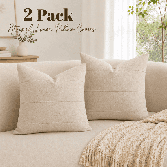 MORAVE Striped Linen Throw Pillow Covers 18x18, Set of 2, Solid Handcrafted Neutral Farmhouse Cushion Cases for Bed Couch Living Room Decor