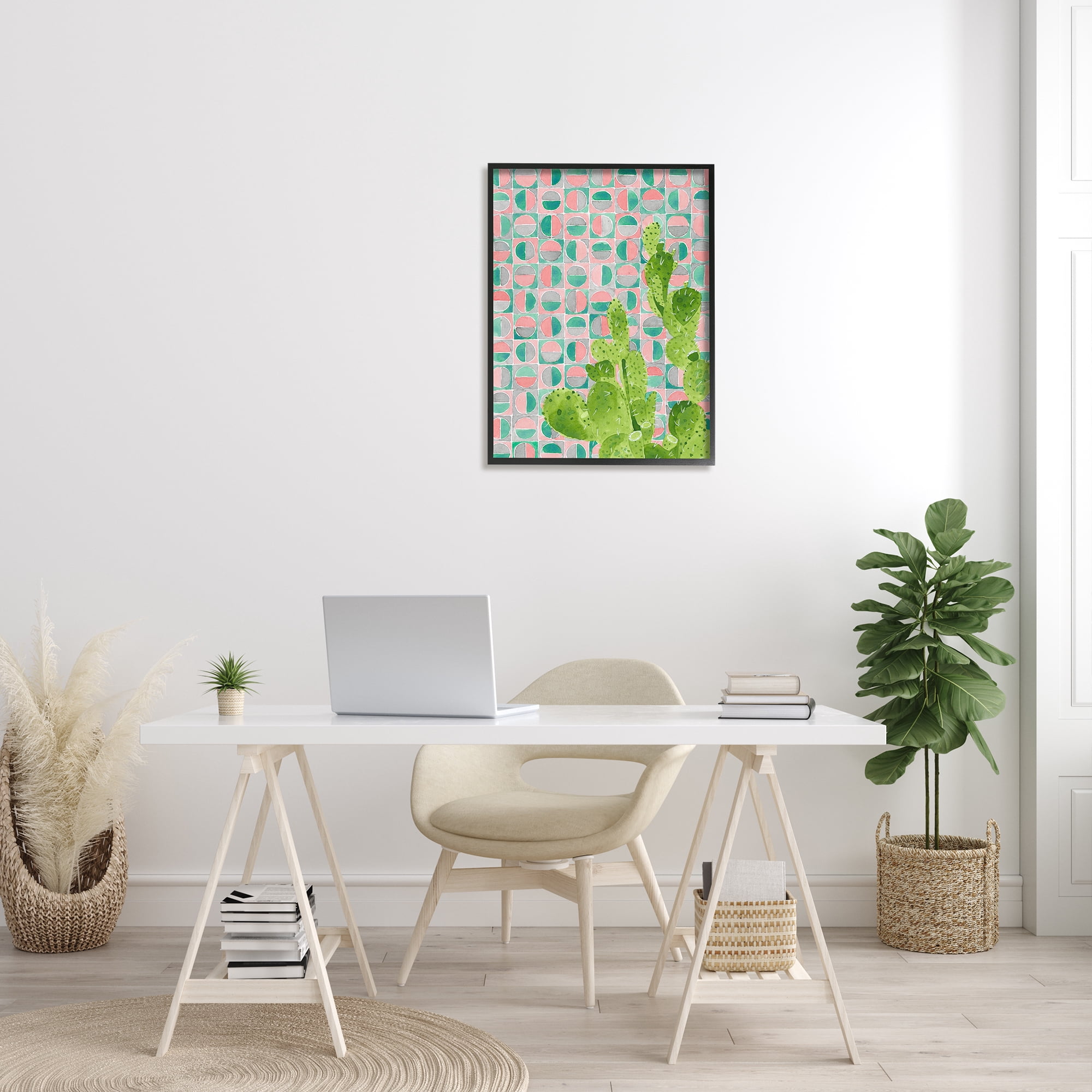 Stupell Industries Prickly Pear Desert Cactus over Geometric Pink Pattern Botanical & Floral Painting Black Framed Art Print Wall Art, 24 x 30