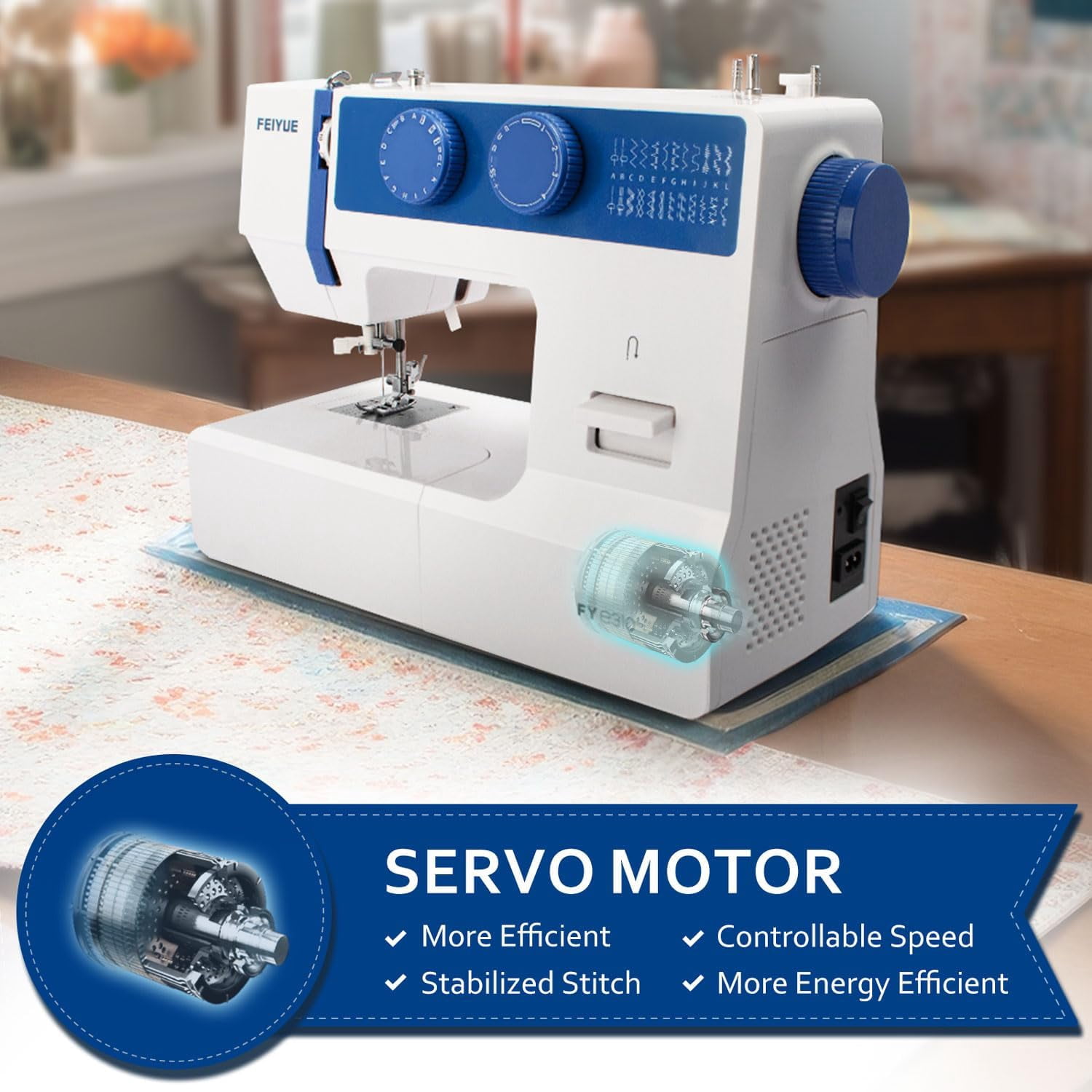 FEIYUE FYe310 Domestic Sewing Machine with Foot Pedal, Controllable Speed, Stabilized Stitch, 105 Stitch Applications, Powerful Servo Motor (Blue)