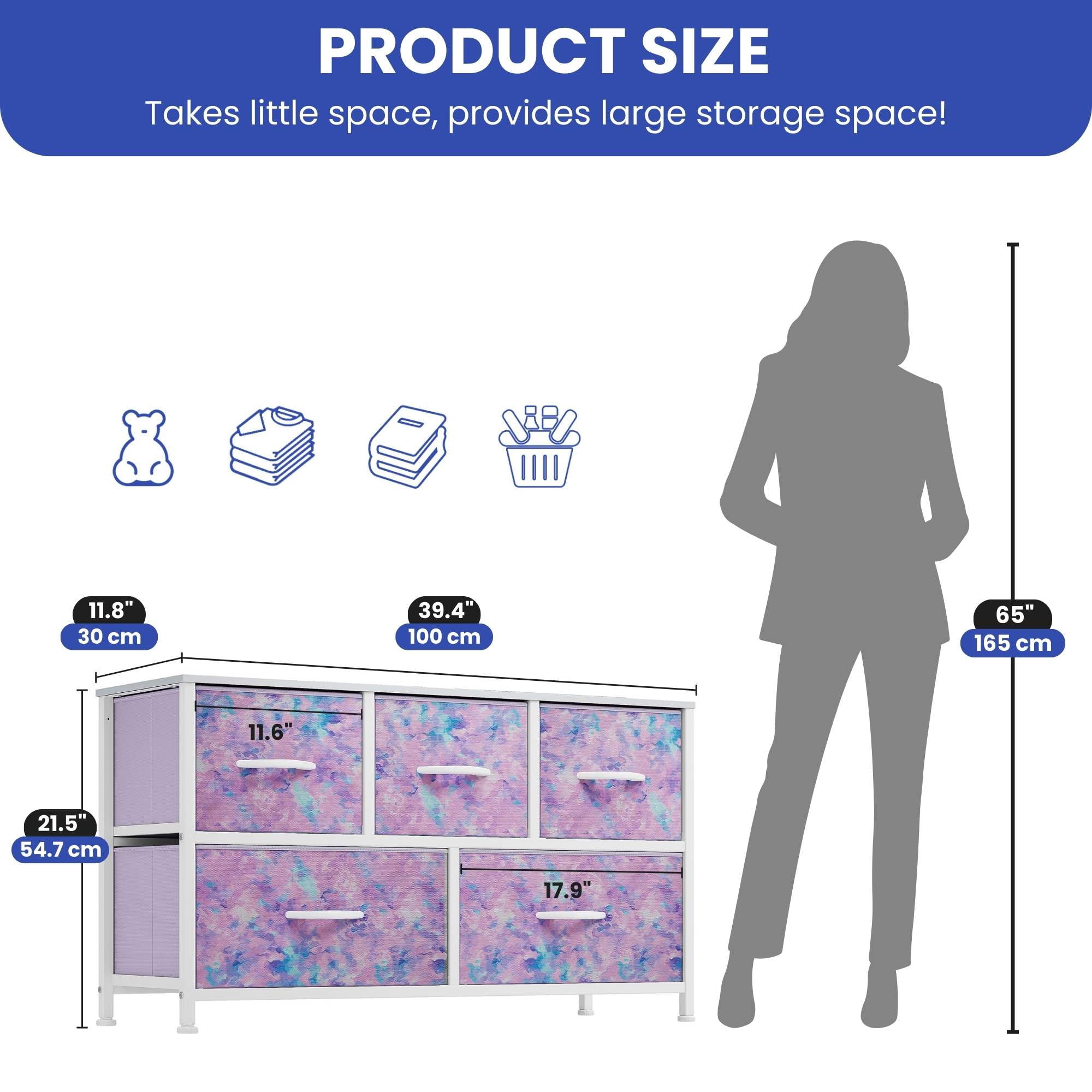 ModFusion Fabric 5-Drawer Dresser Storage Organizer, Purple Tie-Dye Finish, Easy Assembly for Teens and Adults Bedroom or Closet
