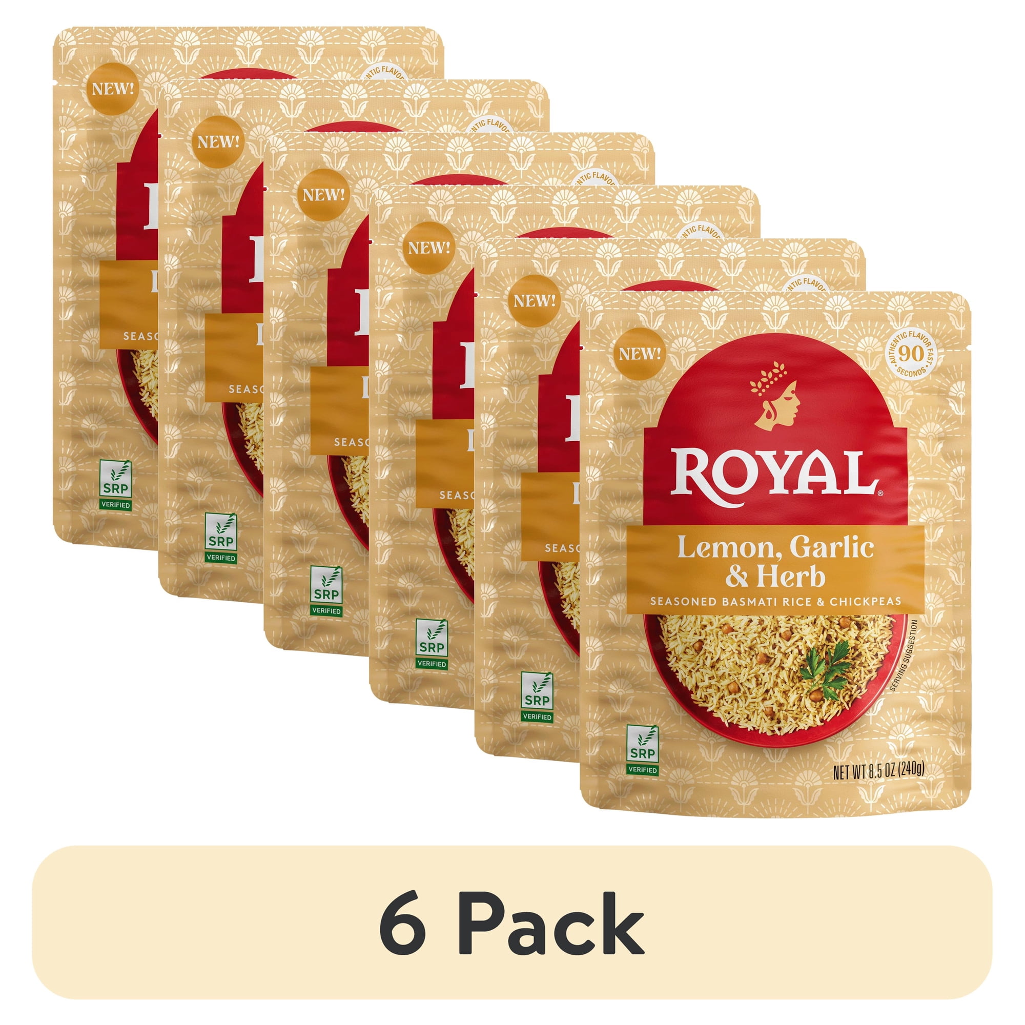 (6 pack) Authentic Royal Ready-to-Heat Lemon Garlic Herb Long Grain Basmati Rice, 8.5 oz Microwavable Pouch