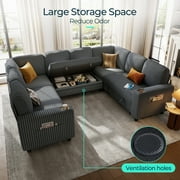 Linsy Home Storage Sectional Sleeper Sofa with Pull Out Bed, 8 Seat Modular Sectional Sofa with with USB & Cup Holder, Plush Corduroy Sectional Couches for Living Room, Dark Grey