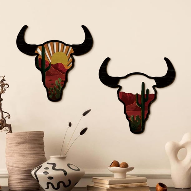 Decoración de pared con cabeza de toro del oeste – Escultura rústica de metal con cuernos largos para el hogar, bar o cueva de hombre – Arte de pared de hierro duradero con accesorios de mont