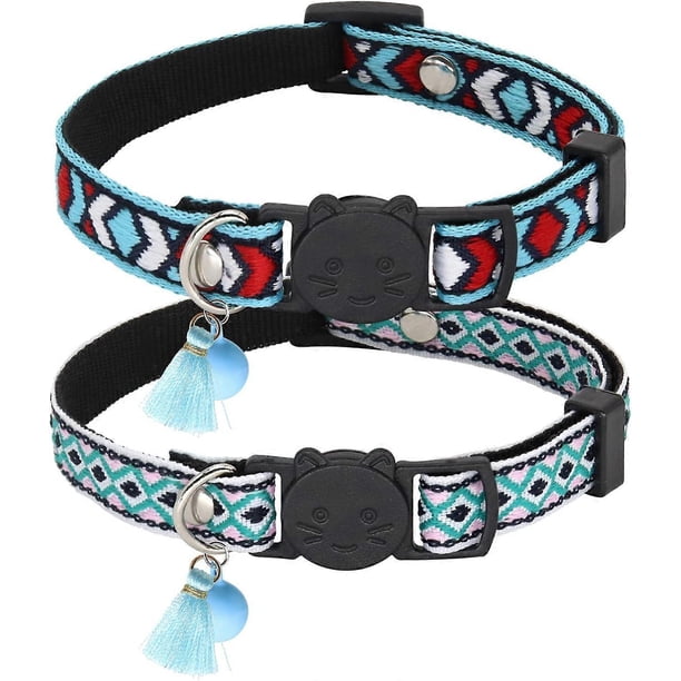 Set of 2 Cat Collar with Bell, Adjustable Cute Tribal Pattern Child Safety Collar, Blue Aztec