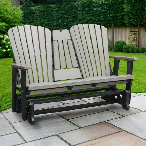 Glider Bench - Dual Fan Back, Drop Table - Outdoor Patio Seating - Light Gray