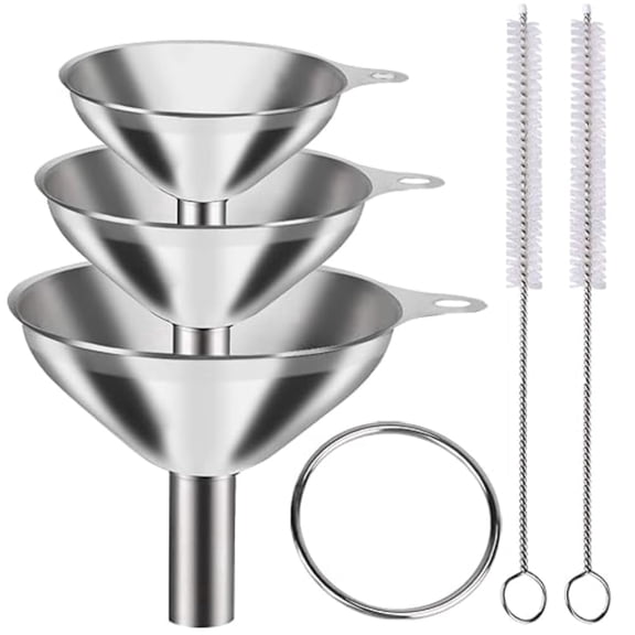Metal Stainless Steel Funnel, Large Medium Small Funnel Set of 3, Food Grade Mini Funnels for Kitchen Use Filling Bottles Flask Cooking, 2 Brushes