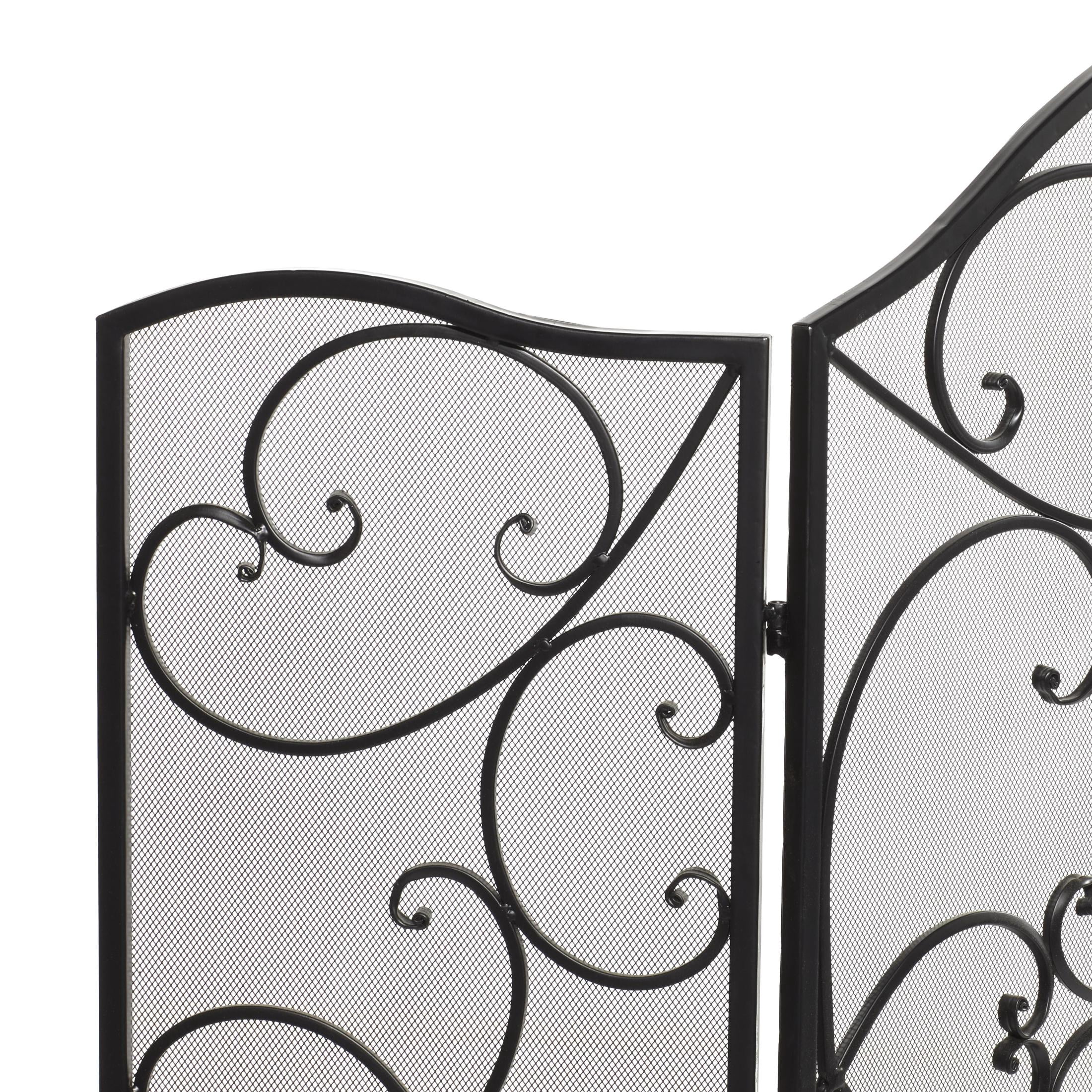 DecMode 49" x 36" Black Metal Foldable 3 Panel Scroll Fireplace Screen with Mesh Netting, 1-Piece