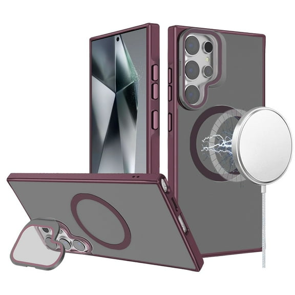 For Samsung Galaxy S25 Ultra Tough HQ Hybrid Case with Aluminum Frame Camera Stand, Compatible with MagSafe, Translucent Matte Shockproof Cover, XPM Phone Case [Burgundy]