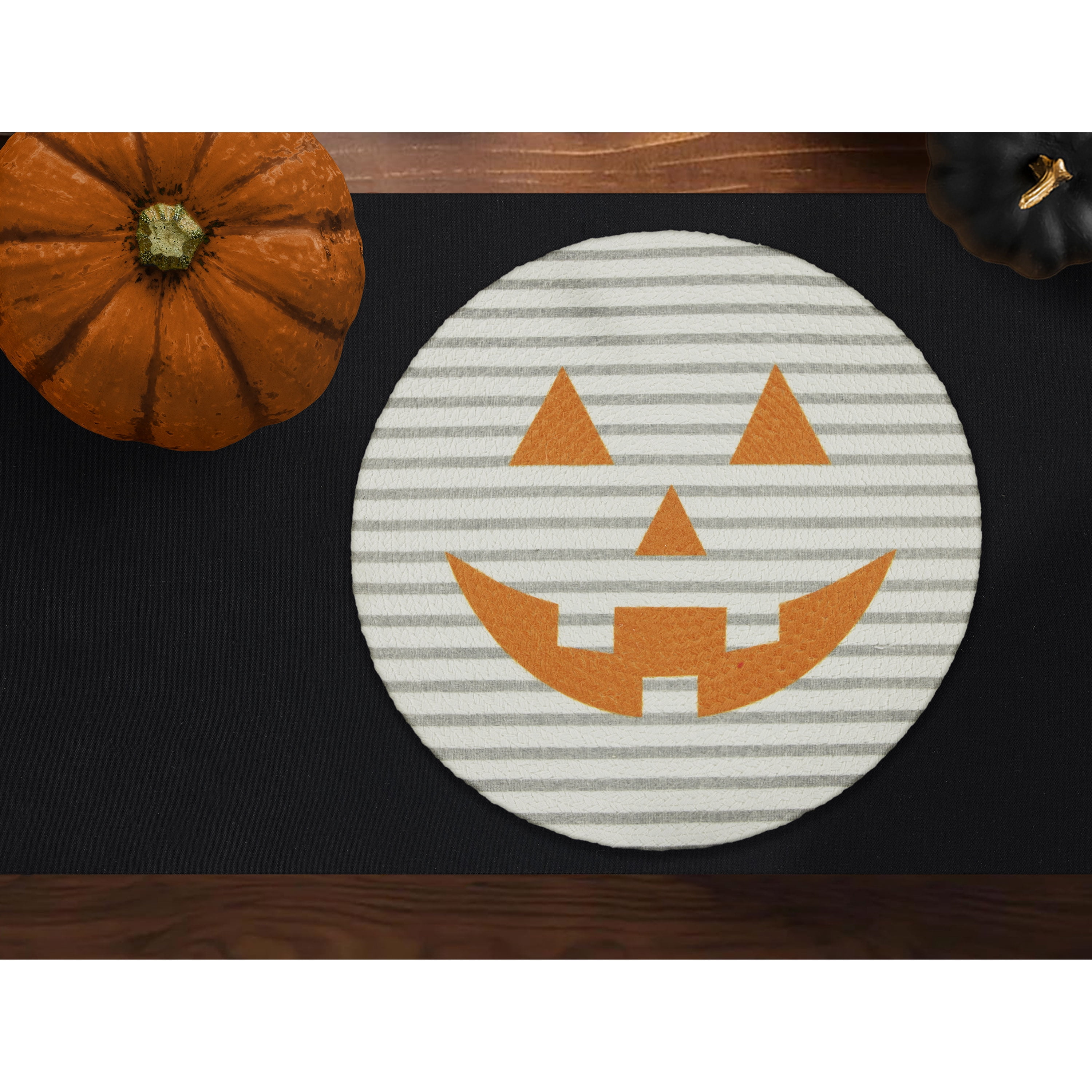 Pumpkin Stripe Round 4 Pack Table Placemat Set - 15" Diameter - 100% Polyester, Multi-color