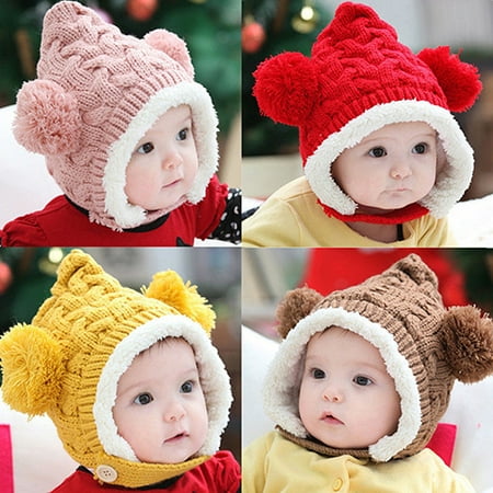 - Kid Baby Girl Boy Toddler Winter Warm Knitted Beanie Cap Earmuffs Ball Hat
