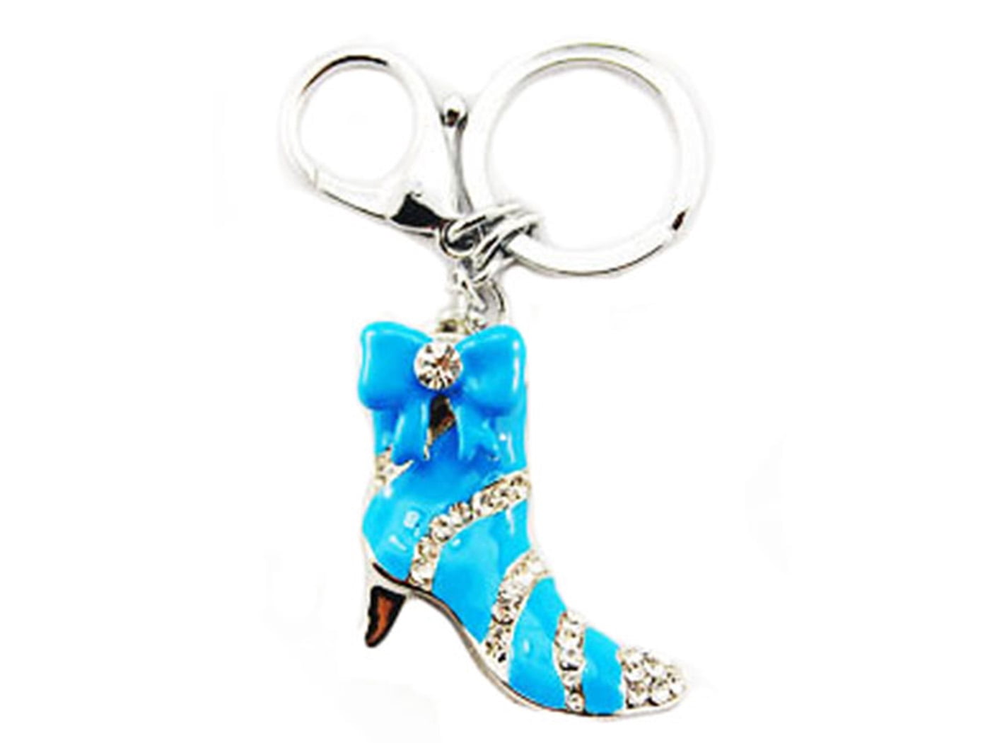 Clear Crystal Rhinestone Turquoise Blue Color Enamel Girly Boot Stiletto Heel Keychain