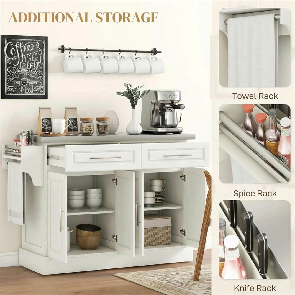 YYAo Kitchen Storage Island, Kitchen Cart,Rolling Kitchen Island with Stainless Steel Top, 2 Drawers, Spice, Knife and Towel Rack and Cabinets, Cream White