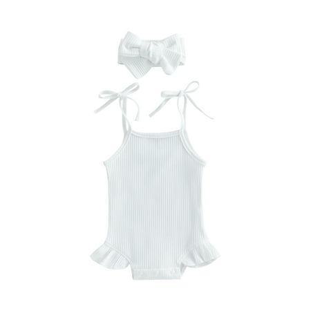 

Lamuusaa Infant Girls Romper Solid Color Knitted Ribbed Tie-Up Spaghetti Straps Sleeveless Ruffles Baby Bodysuits with Headband