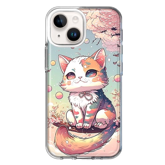 MUNDAZE Case for Apple iPhone 15 Plus Hybrid Shockproof Slim Hard Soft TPU Shell Heavy Duty Protective Phone Cover - Kawaii Manga Pink Cherry Blossom Cute Cat