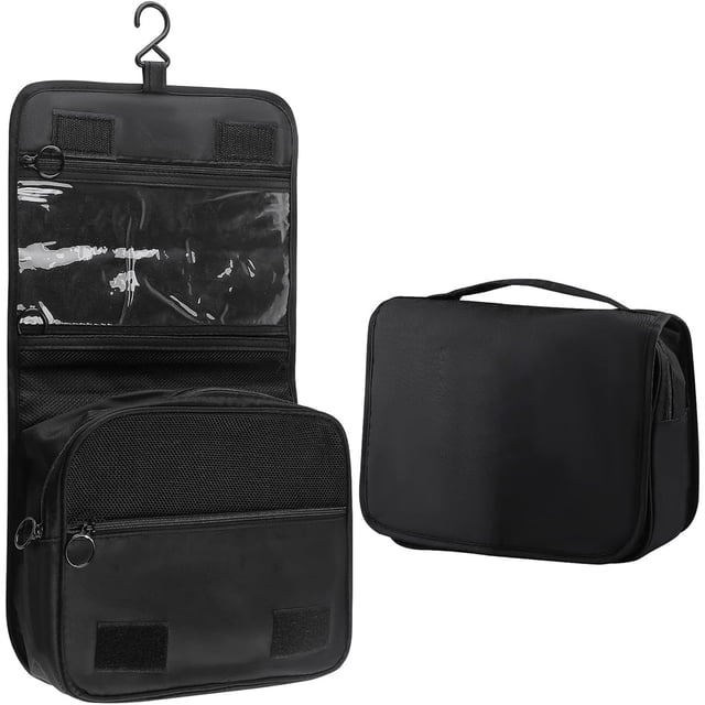 Neceser de Viaje Colgante para Hombre y Mujer - Bolsa de Maquillaje Impermeable con Múltiples Compartimentos y Gancho, Organizador de Cosméticos Plegable (Negro)