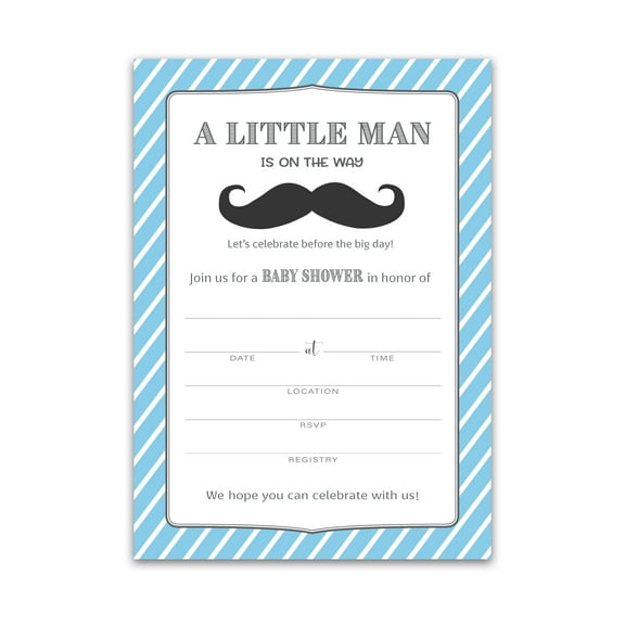 MUSTACHE Baby Shower INVITATIONS — Pack of 25 — BABY BOY Blank Fill-in Baby Shower INVITES, Blue Little Man is on the Way Theme Baby Shower Invitation, Navy Couples Shower Invite I855-INV1