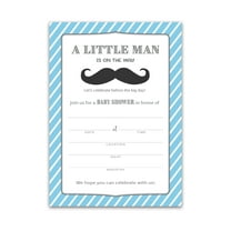 MUSTACHE Baby Shower INVITATIONS — Pack of 25 — BABY BOY Blank Fill-in Baby Shower INVITES, Blue Little Man is on the Way Theme Baby Shower Invitation, Navy Couples Shower Invite I855-INV1