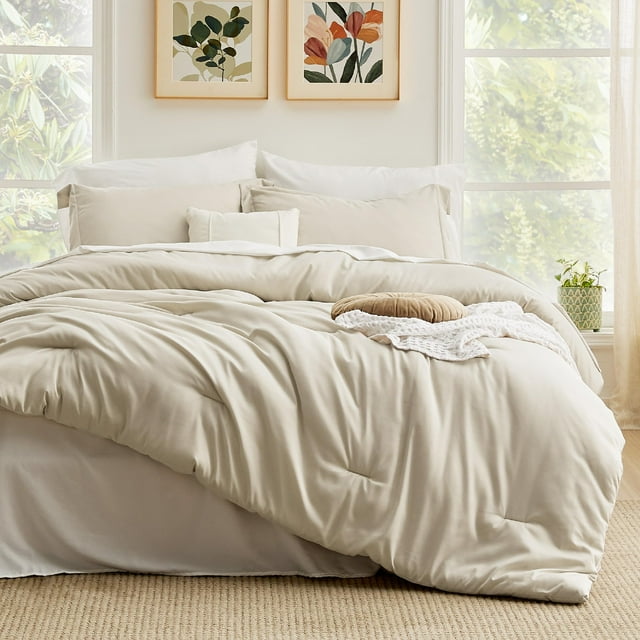 Juego de cama Bedsure California King, 7 unidades, edredón suave de color beige