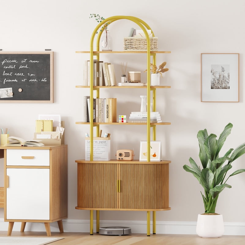 71" Tall Fluted Arched Bookshelf with Sliding Doors, Mid Century Modern Metal Curved Bookshelf Cabinet with Storage and Adjustable Footpad, 4-Tier Open Display Storage Shelf for Home, Living Room