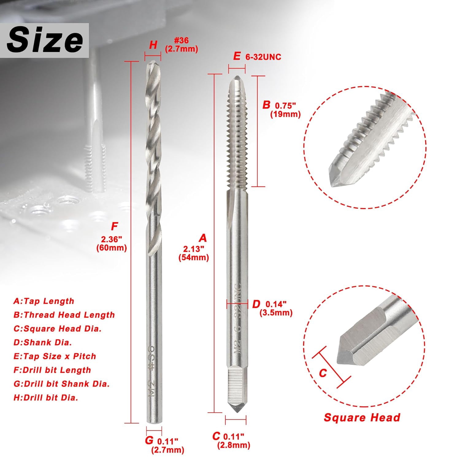 FRKSMD-6-32 UNC Tap and #36 Drill Bit Set, M2 HSS Drill and Tap Set, Machine Screw Tap Drill Bit Kit for Metal