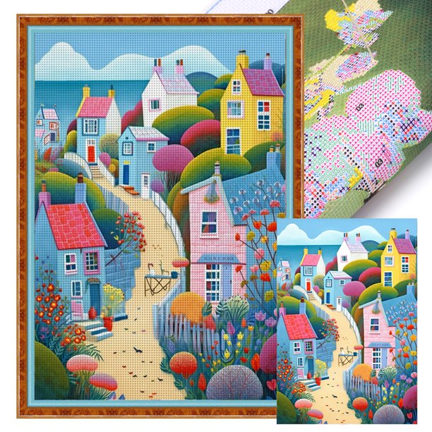 Kit Punto Cruz Con Casas Hilo Algodón Ecológico Bordado 14CT 40x60cm