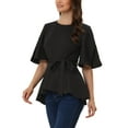 thumbnail image 4 of INSPIRE CHIC Women's Split Half Sleeve Crew Neck Belted Knot Drap Casual Peplum Blouse, 4 of 5