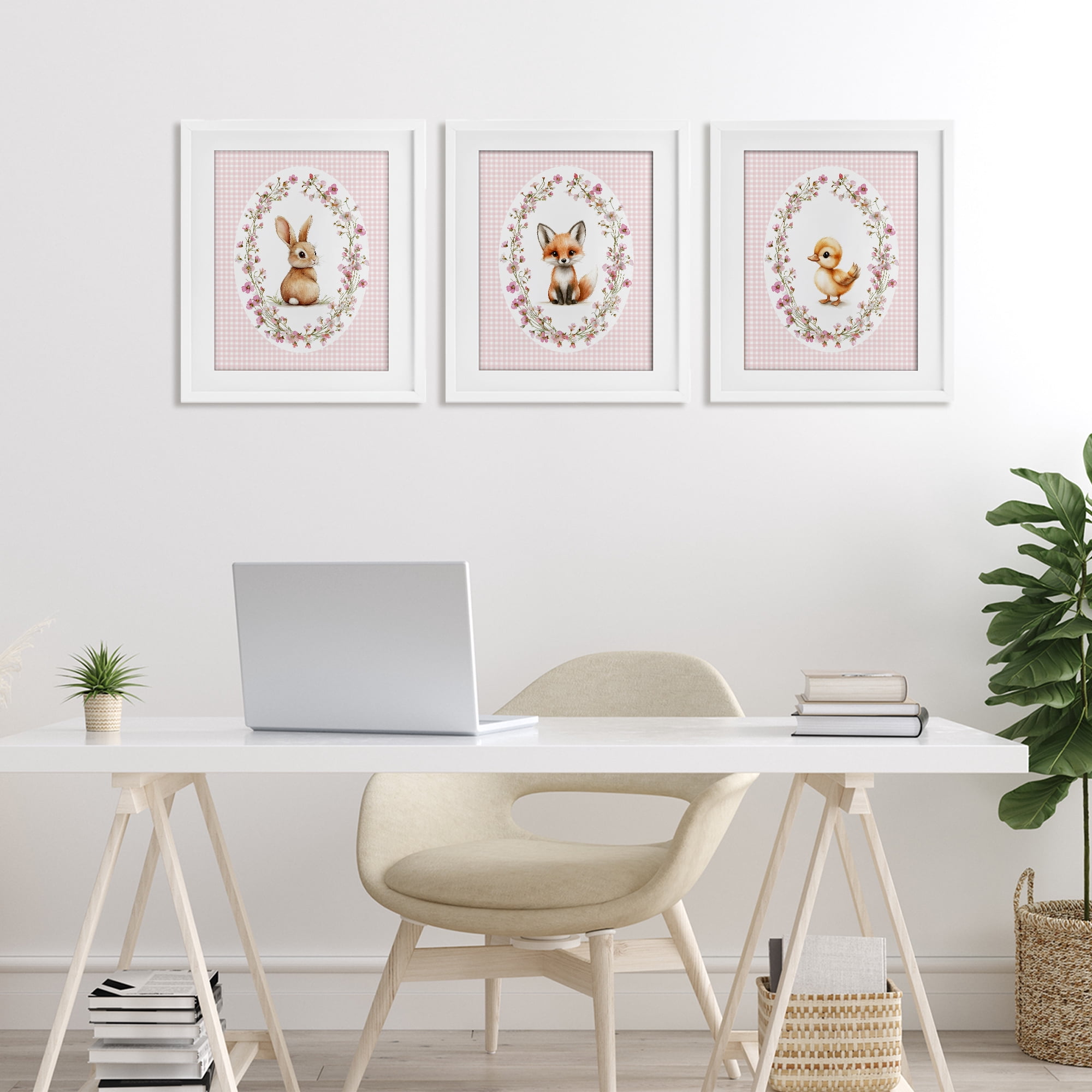 Stupell Industries Spring Gingham Animals 3 Piece White Framed Print Under Glass Set, design by Christine Simpson Art